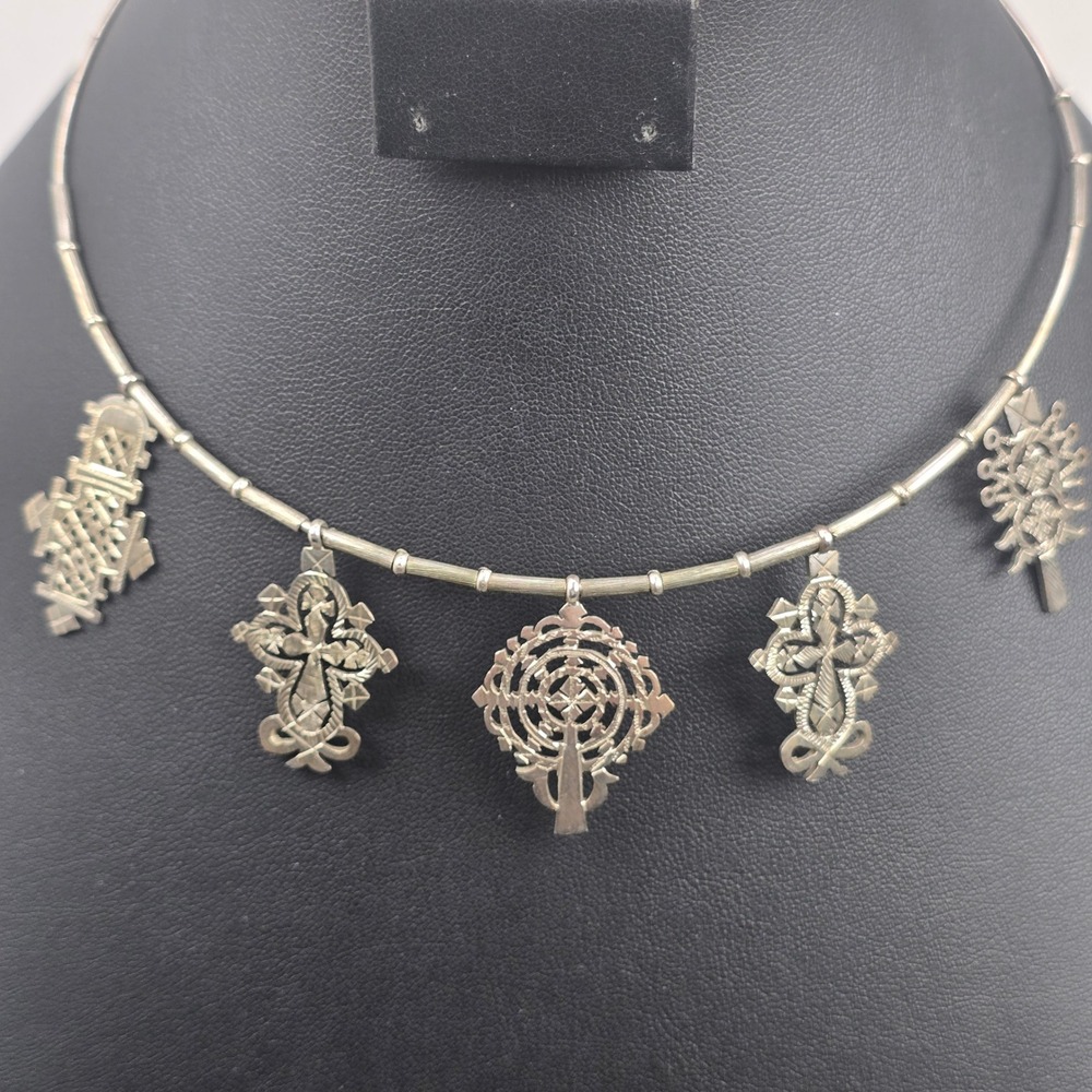 Vintage Solid Silver Ethiopian Eritrean/Moroccan? Cross Choker Charm Necklace